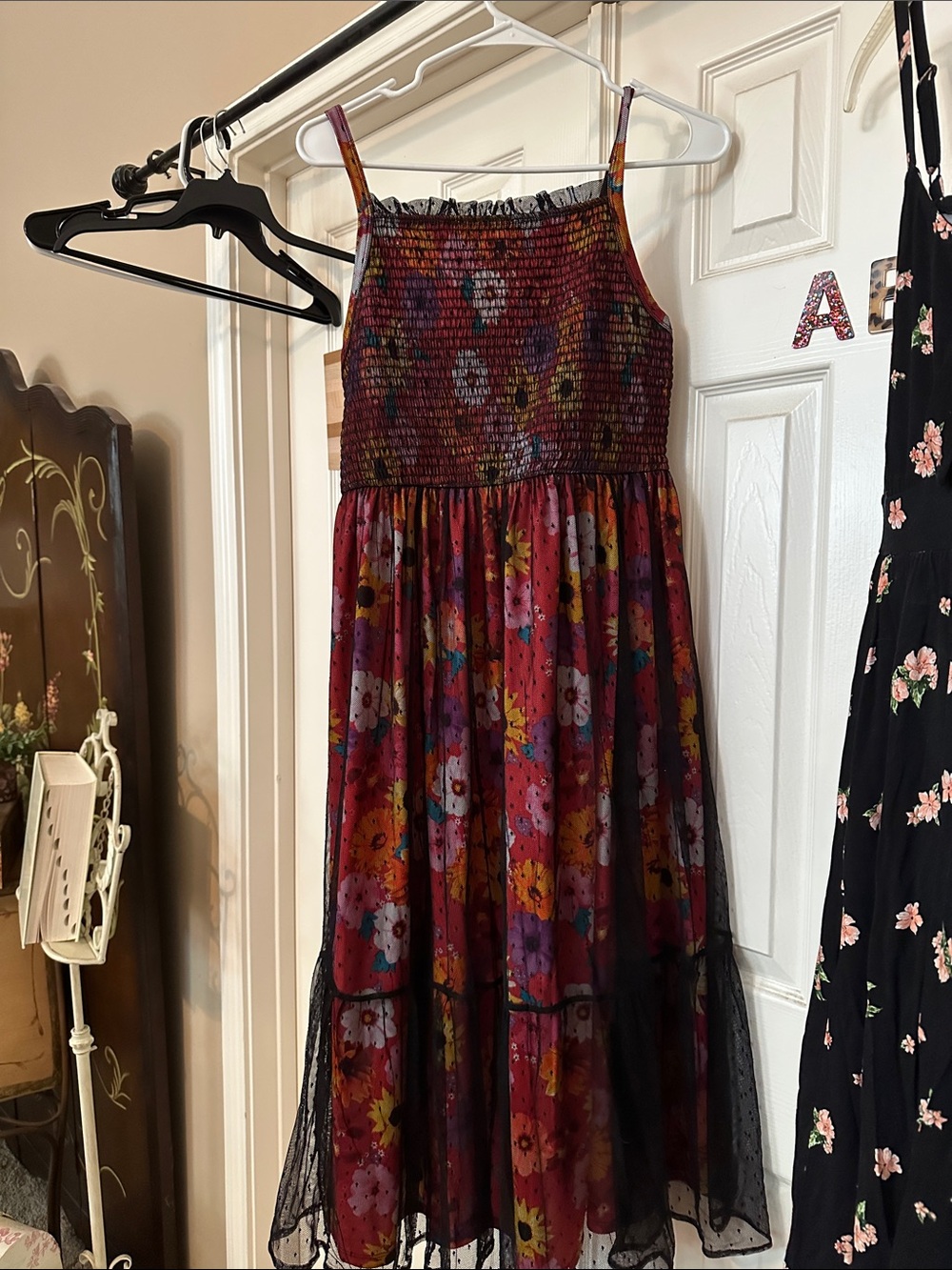 torrid Burgundy Floral Smocked Midi Dress with Sheer Overlay